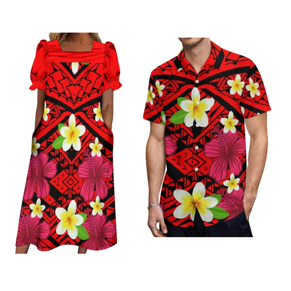 Polynesian Couple Dress Samoa Micronesian Island Dress Custom Tribal Floral MUMU Pocket Design Dress Hawaiian Shirt