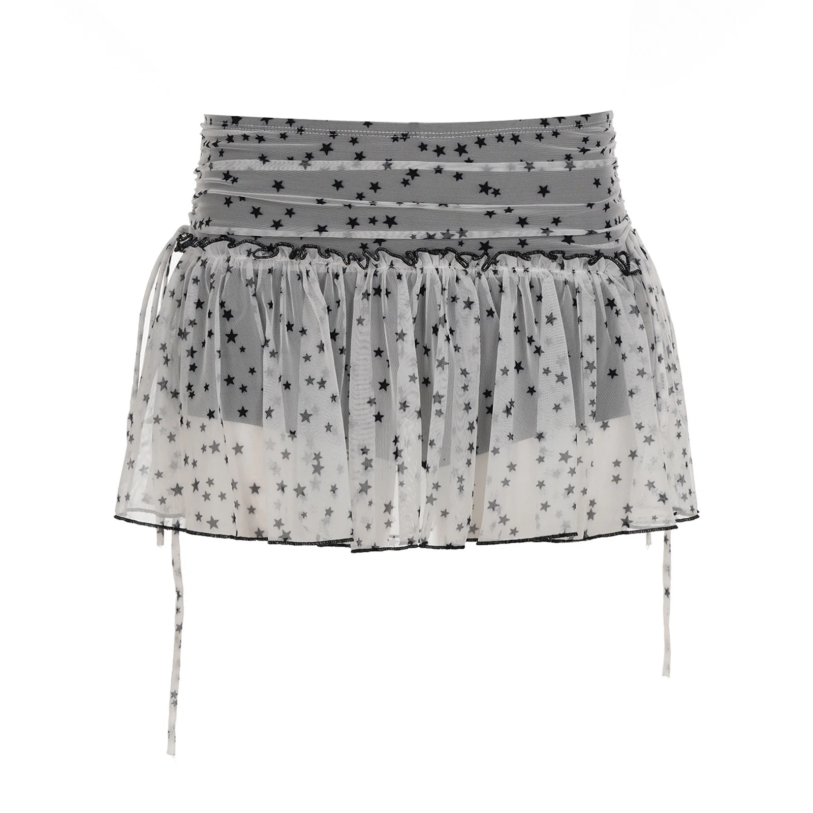 

Womens Star Print Mesh Miniskirt with Built-in Shorts Ruffled Trim Side Drawstring A-line Skirt for Street Shopping Party