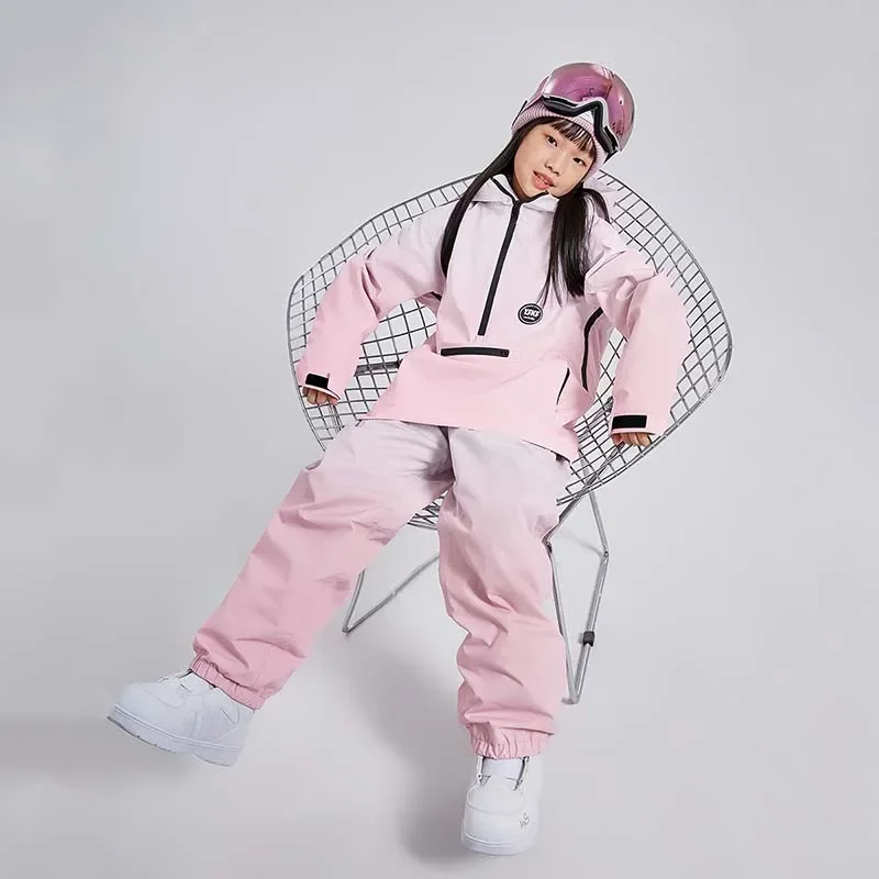 2025 New Winter Solid Boys Warm Snowboarding Set Windproof Waterproof Hooded Pullover Suit Children Outdoor Sport Skiing Suits