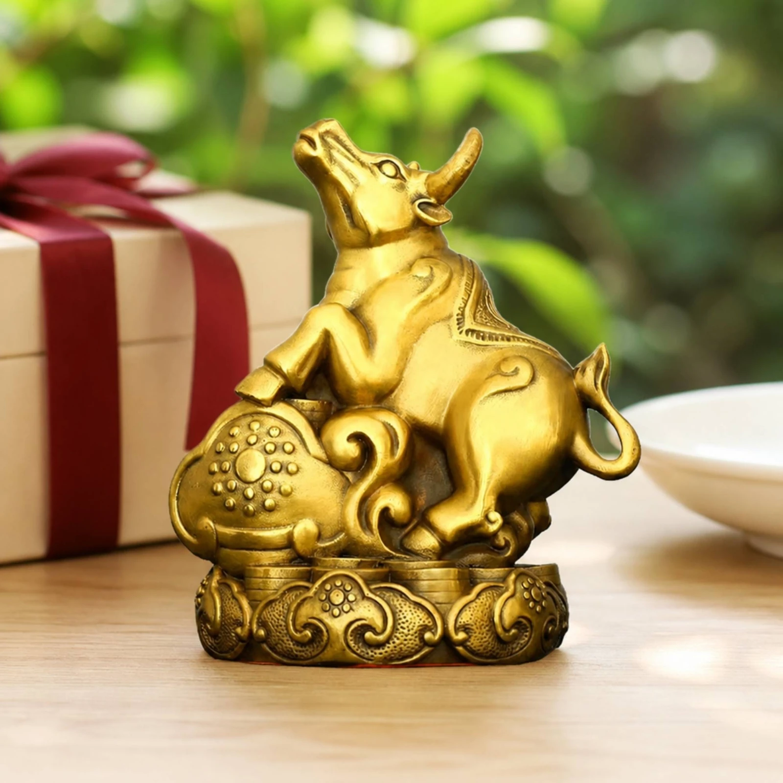 Oxen Statue Statue with Lotus Base Collectible Oxen Statue Statue Ornament Compact Sculpture Feng Shui for Collectors, Desk