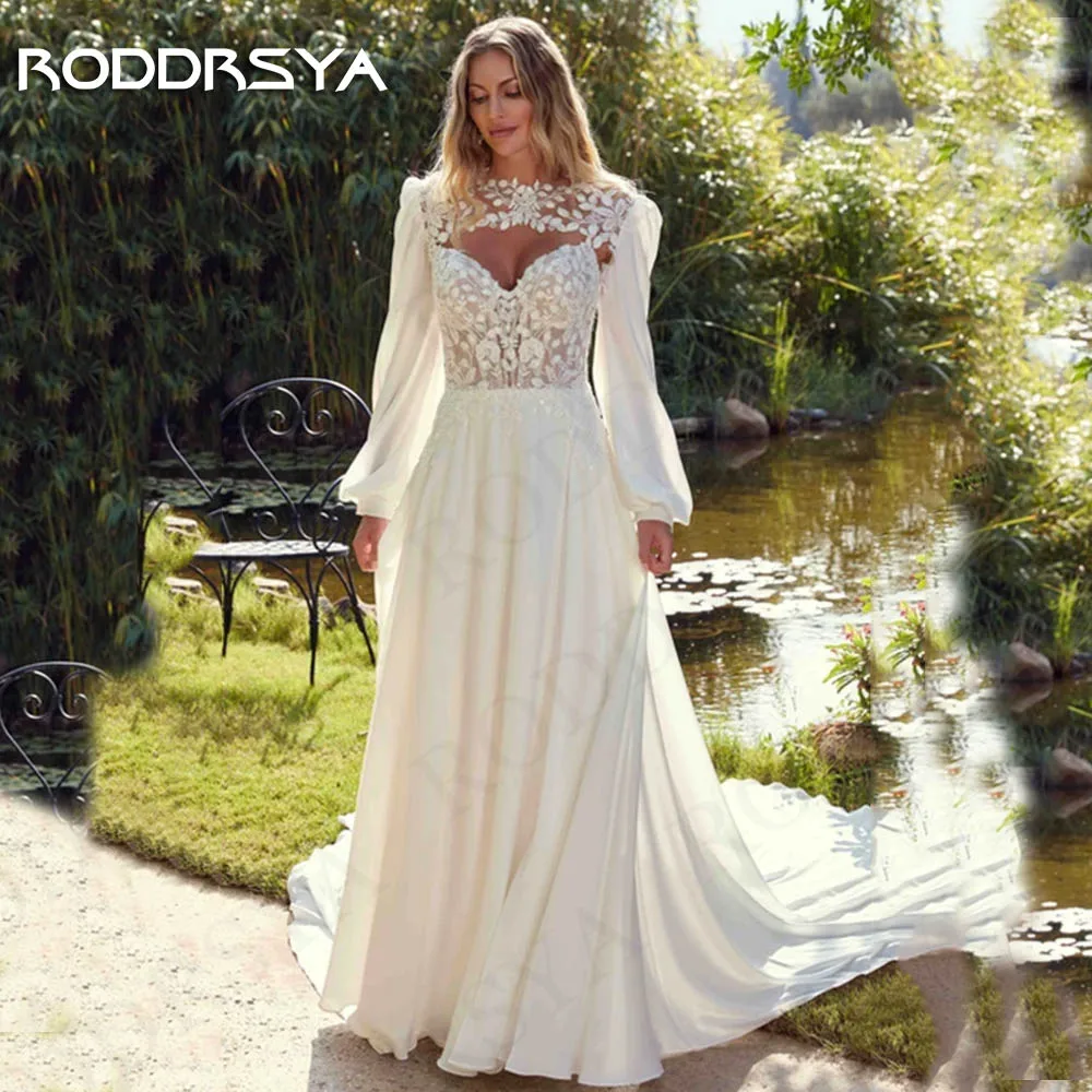 RODDRSYA-vestido de novia bohemio de gasa, prenda desmontable de manga larga con encaje, línea A, apliques de ilusión para playa Boho vestido de novia de gasa свадебное платье  Desmontable de manga larga de encaje de u