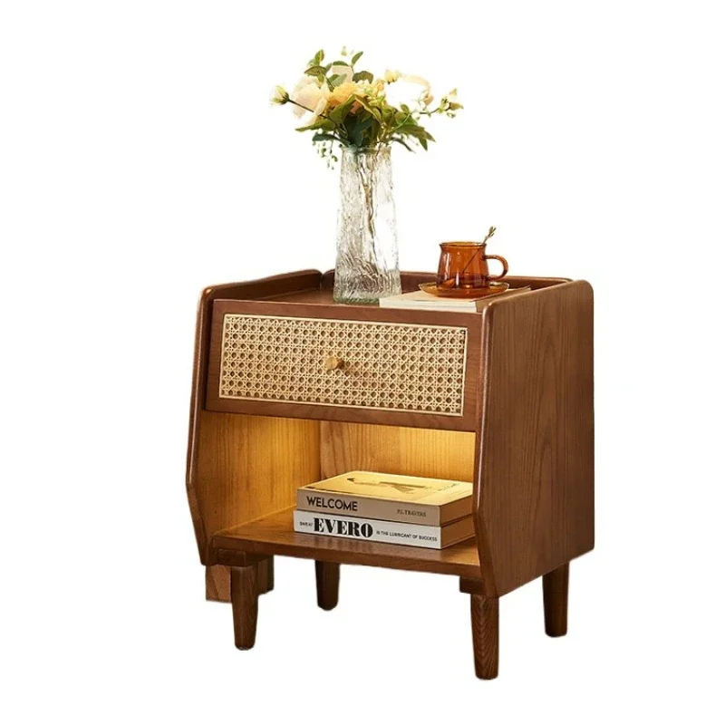 Nordic solid wood bedside table, small apartment simple rattan edge few lockers, corner few storage