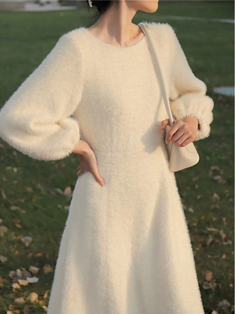 French Fairy Long Dress Plush Gentle White Sweater Dress Women\'s Spring Autumn 2024 New Style Adding Velvet Thickening Dresses