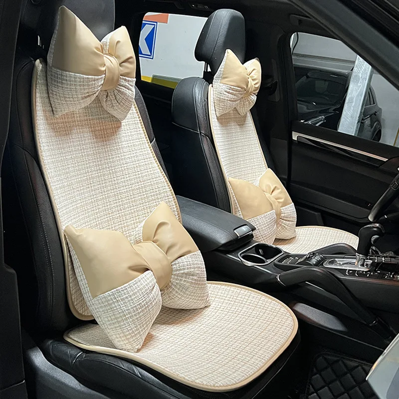 New Women's Luxury Car Cushion Seat Cover Comfortable Breathable Anti-slip Seat Cover Splicing Auto Bow Headrest Waist Pillow