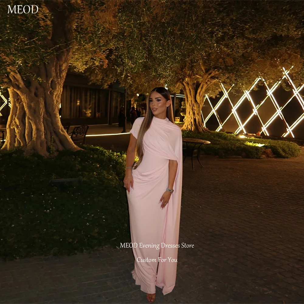 MEOD High Neck Mermaid Evening Dress Elegant Short Sleeve Satin Wedding Guest Gown Floor Length Formal Party Gown Customized