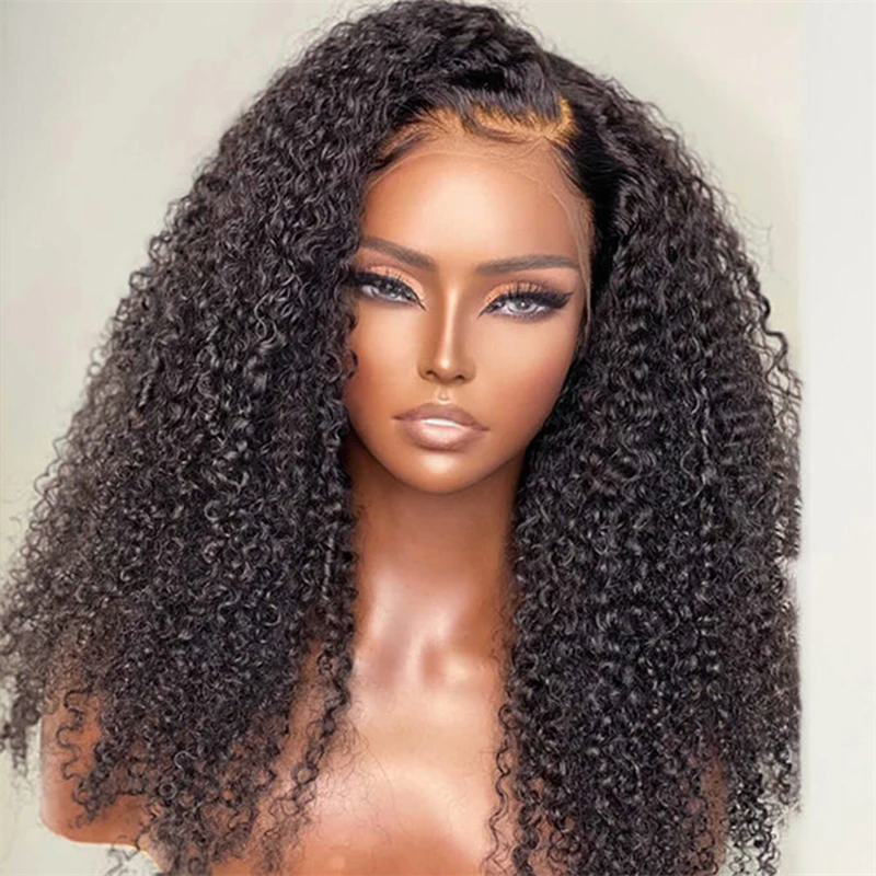 Perruque Lace Front Wig crépue bouclée sans colle pour femme, cheveux de bébé, douce et longue, préplumée, densité 180, noir naturel, 26 pouces, degré de chaleur, 03/3