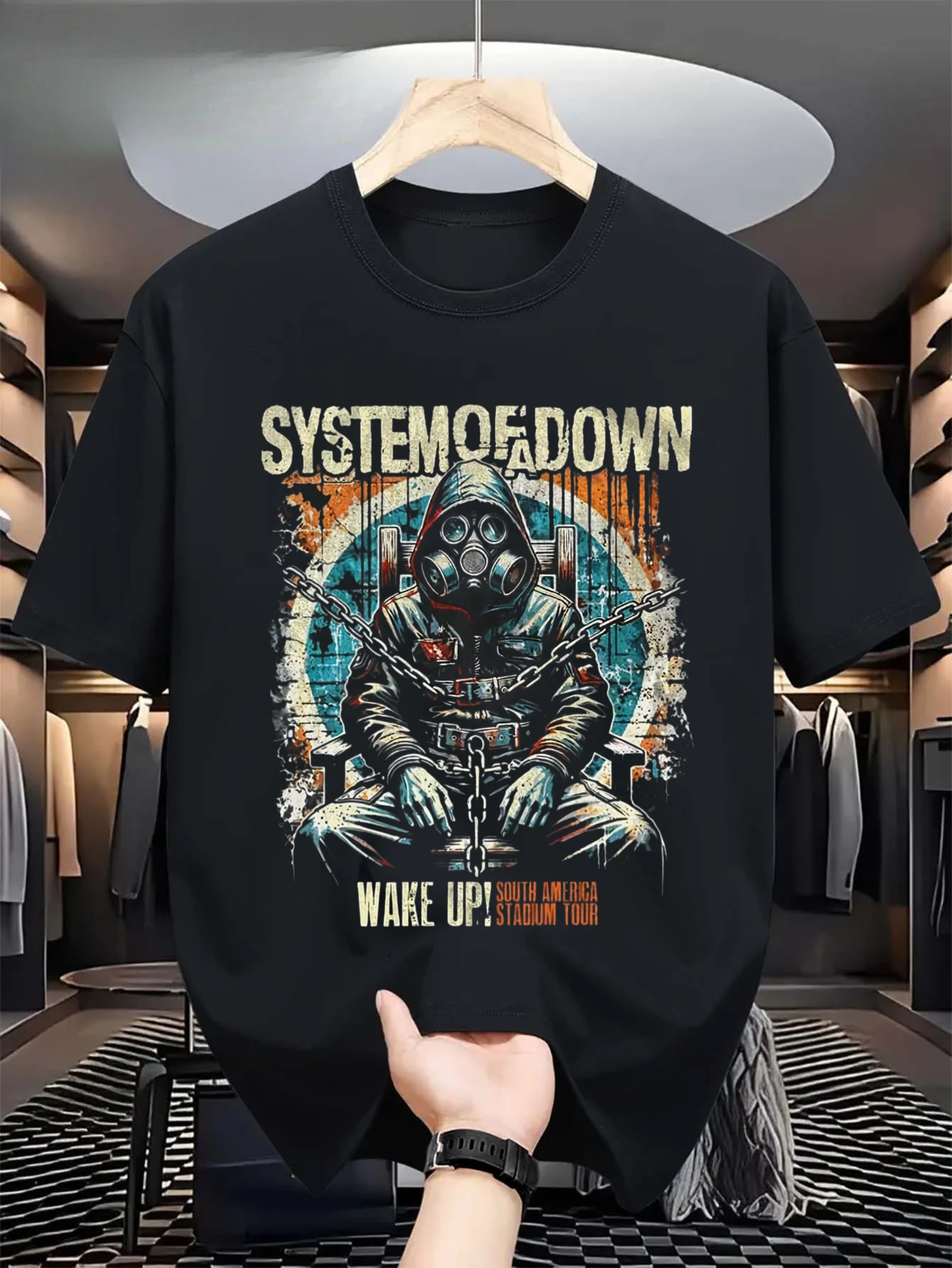 Men's letter-patterned heat transfer printed T-shirt, for casual outdoor wear, machine washable product