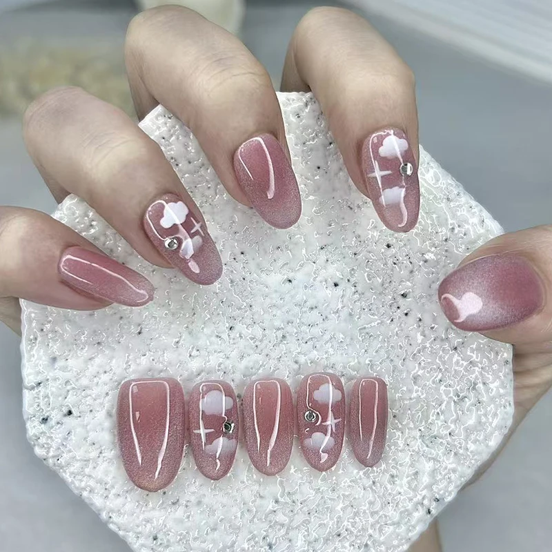 Sweet Cute Clouds Stars Handmade Press On Nails Shiny Colourful Cat Eye Almonds Fake Nail Patches Pink Girly Heart