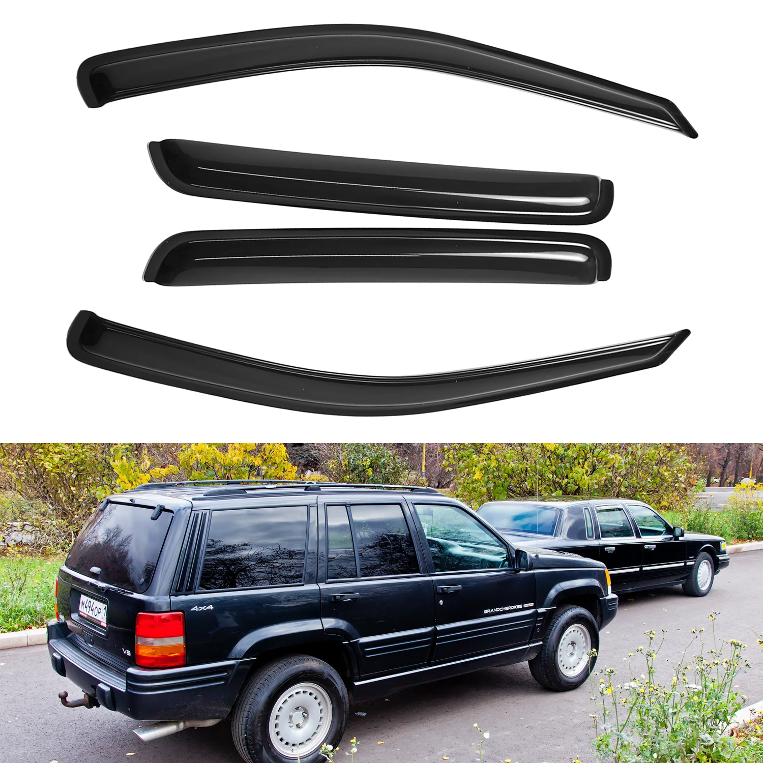 

For Jeep Grand Cherokee 4-Door 1999-2004 Wind Deflectors Tinted 4pcs Set External No Drainage Grooves 1.5MM Thick Boxed