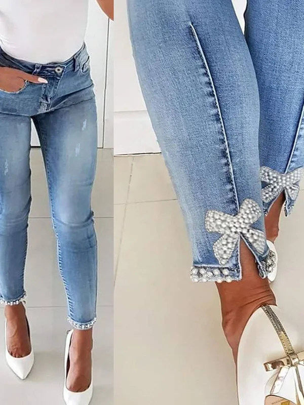 Slim Fit Women's Jeans High Waist Cotton Denim with  Stick Flowers Beads High Elasticity Split Design Fashionable La...