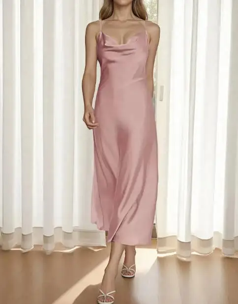 2023 فستان نسائي أنيق جديد من الساتان خلات مثير بحمالات فرنسية فستان طويل ملابس نسائية #3