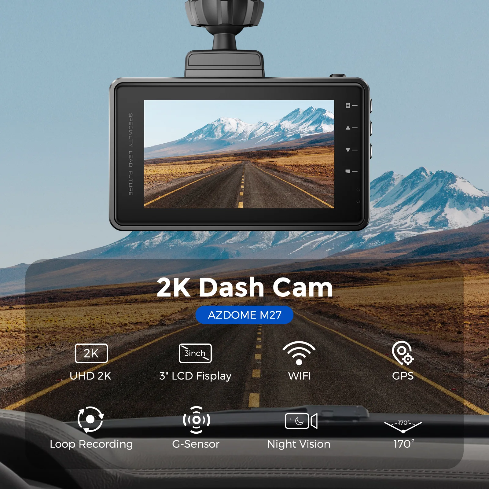 AZDOME Dash Cam M27 Car DVR 2K Resolution FullHD 1440+1080P Built-in GPS WIFI 3Inch IPS Screen Car Recorders 24H Parking Monitor