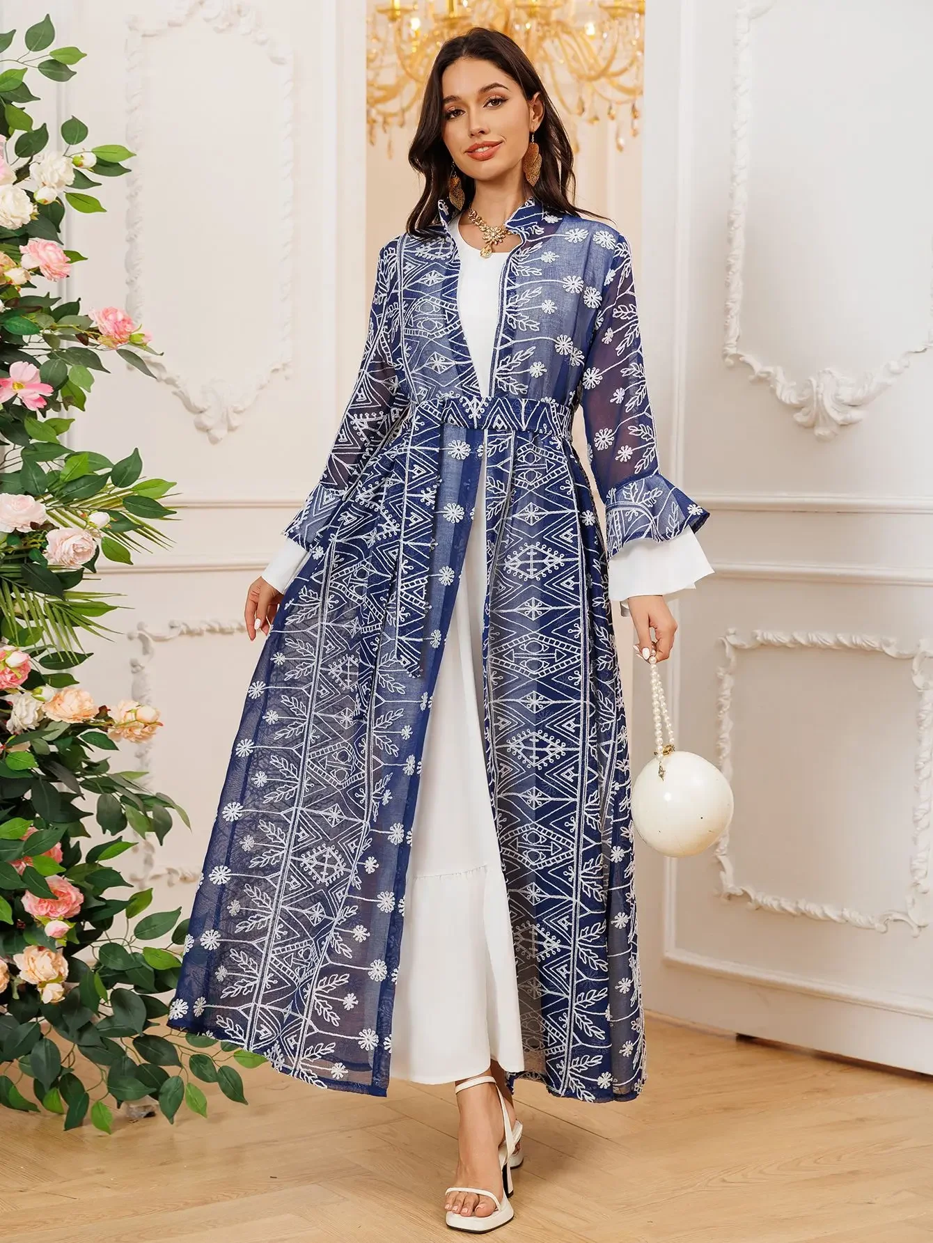 

Muslim Saudi Dubai Ramadan Eid Flare Sleeve Open Kimono Abaya Inner Dress Under Dress Moroccan Women Robe Islam Clothing Kaftan