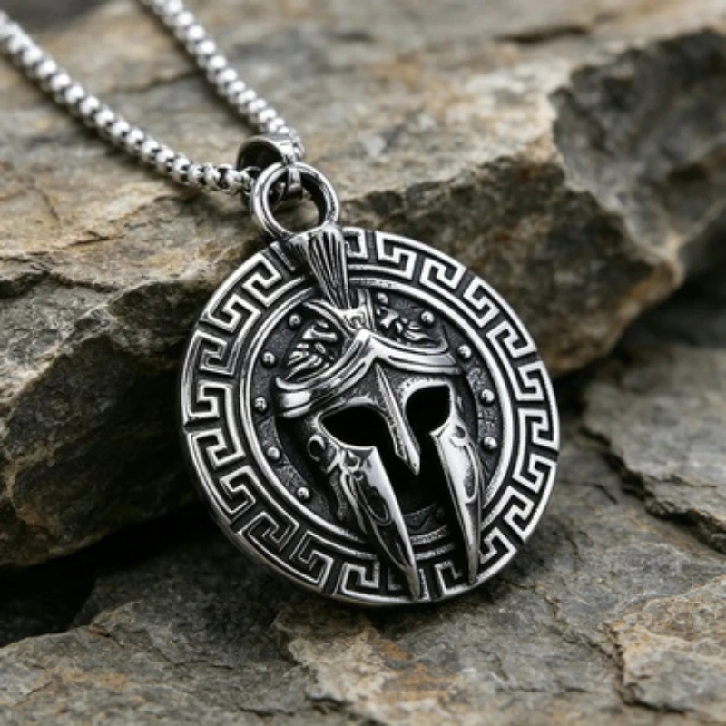 Vintage Ancient Greek Warrior Spartan Shield Pendant Necklace 316L Stainless Steel Men Personalized Punk Amulet Jewelry Gift