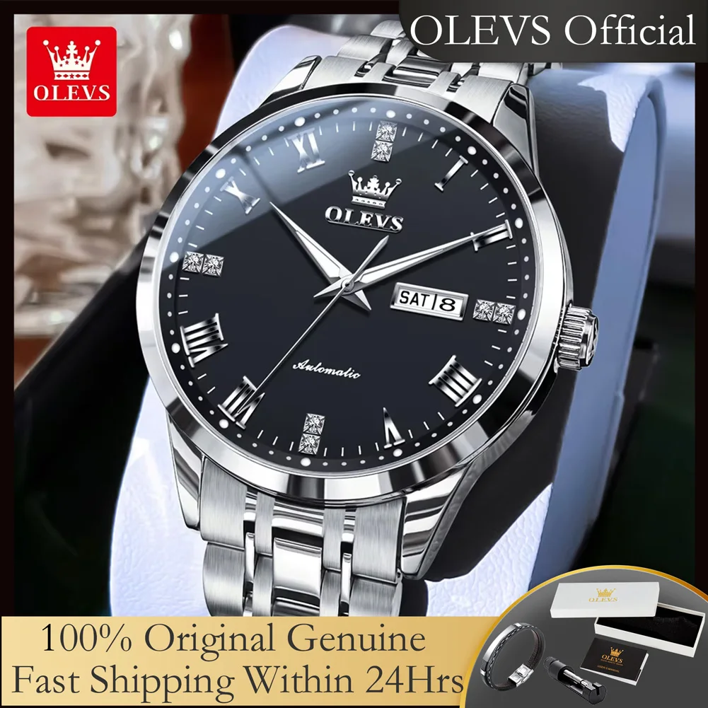 OLEVS 7062 New Man Watch Waterproof Stainless Steel Dual Calendar Automatic Watch for Men Original Luxury Mechanical Wristwatch