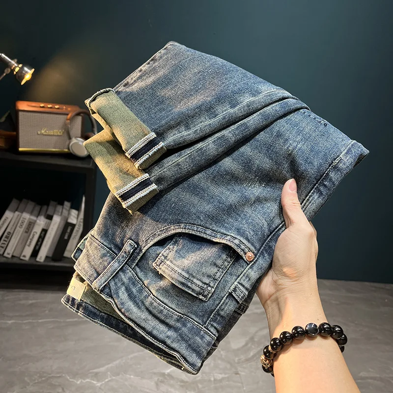 Ripped jeans for men spring2024new high-end trendy washed stretch slim tapered all-match skinny street trousers