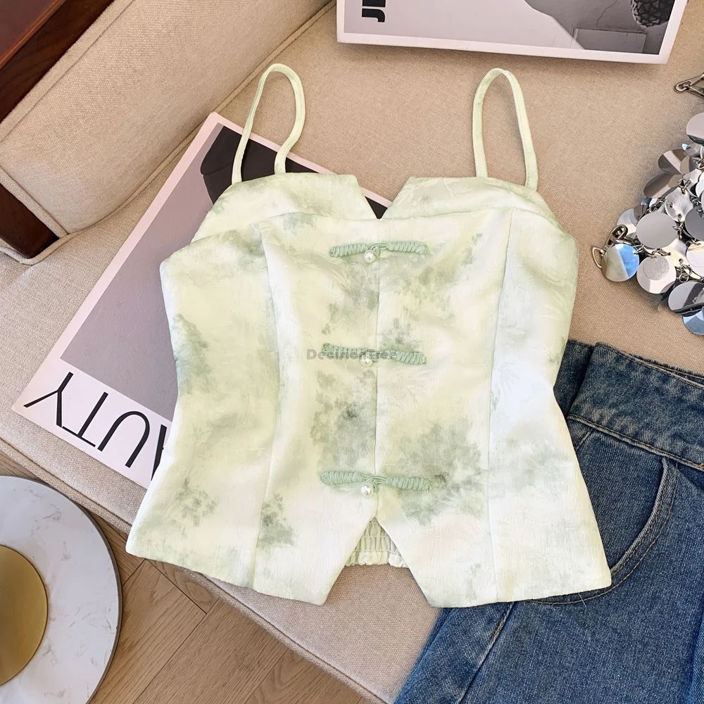 

2025 chinese improved style printed cheongsam button halter top sexy short summer retro elastic strapless hanfu qipao vest top