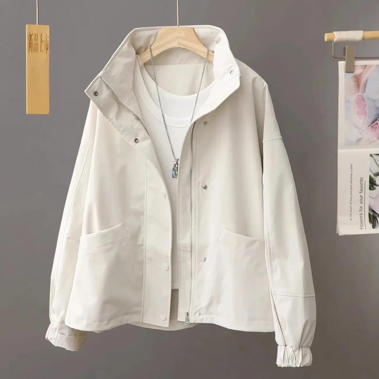 

Korean Style High-End Feel Design Stand Collar Cropped Jacket For Women Autumn Petite Workwear Elegant Casual Chic