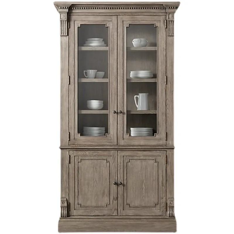 

American solid wood bookcase, living room glass door display cabinet, retro double door wine cabinet