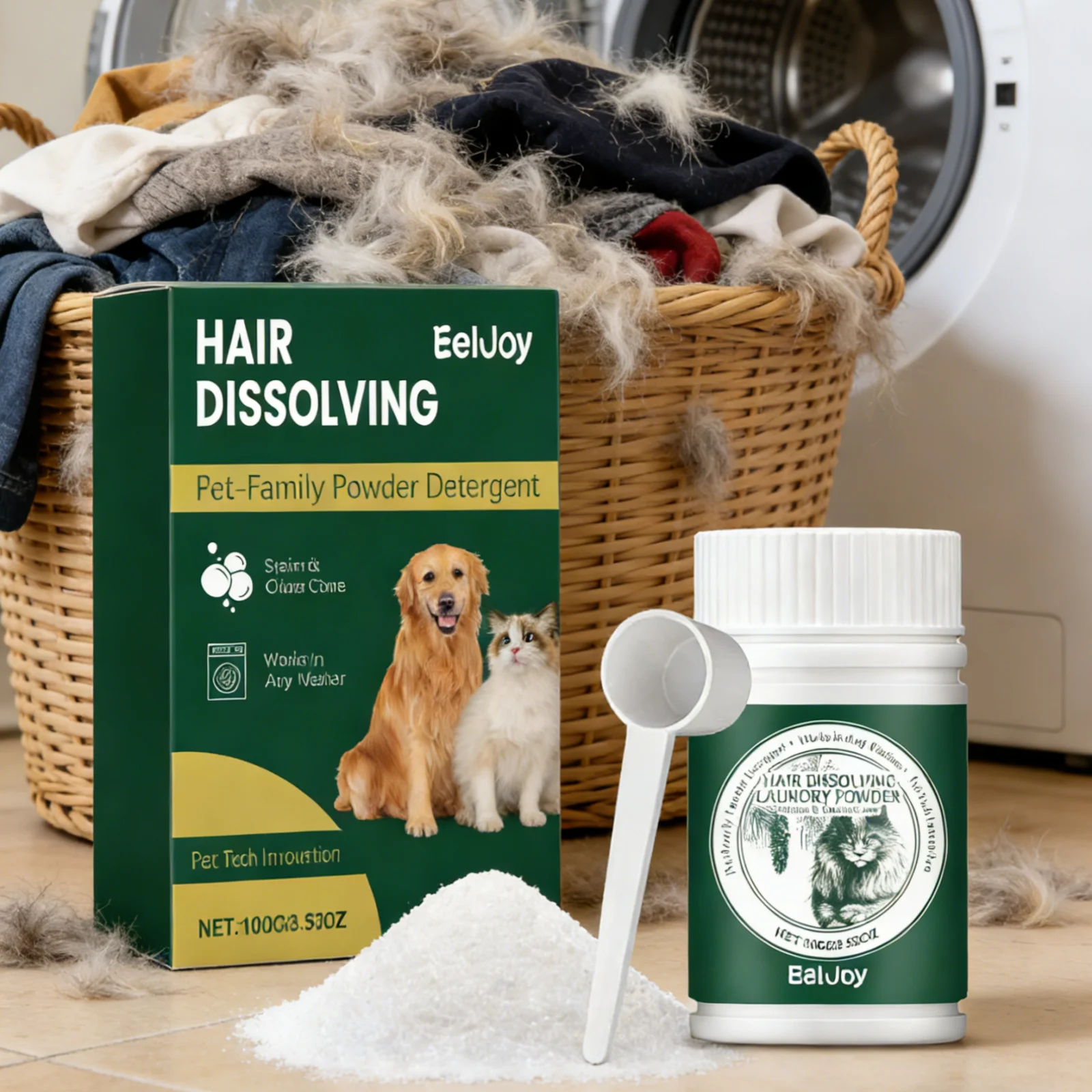 EelJoy Laundry Detergent for Pet Owner Fabric Care Smell Remover Cleaner Powder No Fading Pet Famliy Clothing Stain Remover 100g