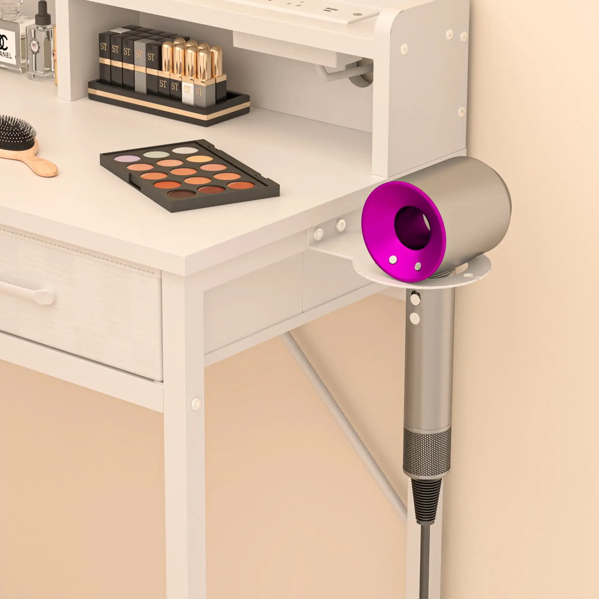 Vanity Desk with Mirror,Fabric Drawers,USB Port & Stool,3 Color Modes & Adjustable Brightness, White