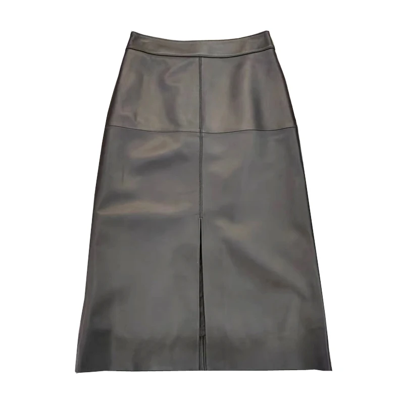 Spring New Genuine Leather Skirt for Women Vegetable Tanned Sheepskin Wrap Long Faldas Mujer Mid Length Front Slit Maxi Jupe