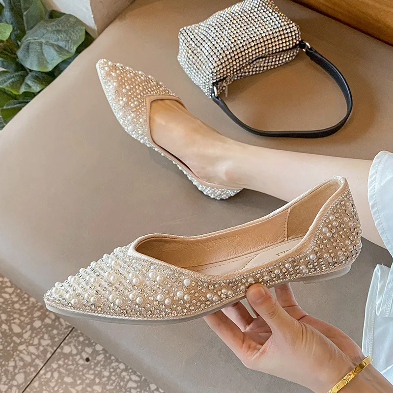 

Fashion Woman Ballet Flats Shoes Rhinestone Loafers Flat Pointed Toe Shoes Female Casual Slip on Flats Footwear Boat Shoes