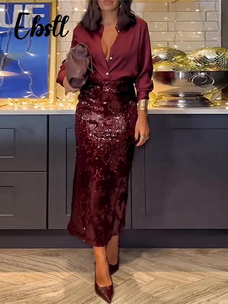 2025 Moda Cekinowa Spódnica Koszula Zestawy Kobiety Długi Rękaw Guziki Koszule Wysoka Talia Dzielone Spódnice INS Wiosna Eleganckie Stroje Damskie