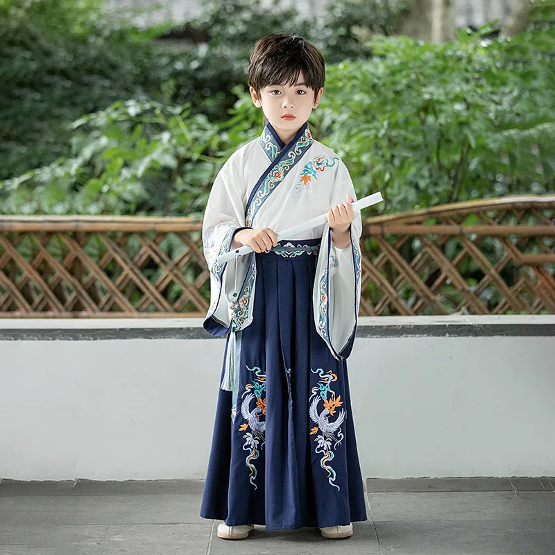 Boys Coutume Traditional Clothes Tang Suit Chinese Style Kids Navy Blue Embroidery Hanfu Stage Wear