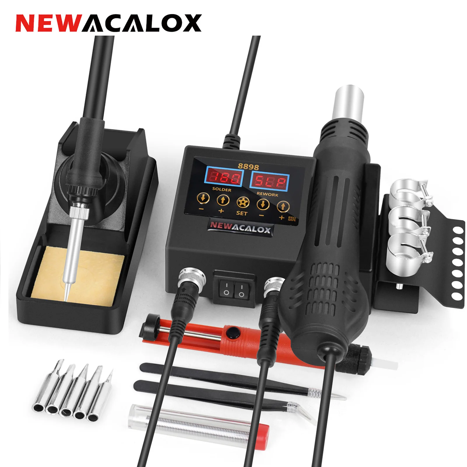 

NEWACALOX EU Plug 220V 8898 Mini 2-in-1 Soldering Station 600W Hot Air Rework Station 60W Soldering Iron for PCB Welding Repair