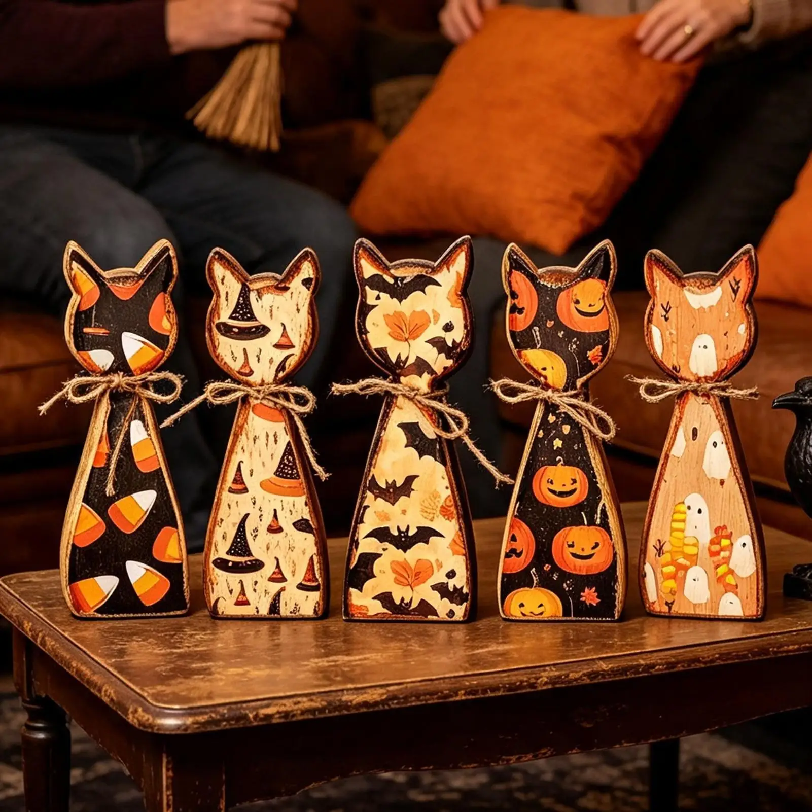 Halloween Wooden Cat Figurines 5 Pieces Double-Sided Self Standing Vintage Farmhouse Wood Cat Figurine Set Decorations for Home
