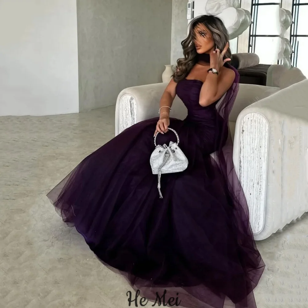 

Фиолетовый тюль, платья для выпускного вечера по индивидуальному заказу, простое вечернее платье без бретелек, вечерние платья русалки длиной до пола, Vestidos De Novia