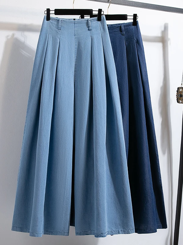 

plus Size Women's Straight Leg Wide Leg Jeans High Waist Long Floor Length Silk Denim Micro Flared Pants Loose Fit Summer Blue