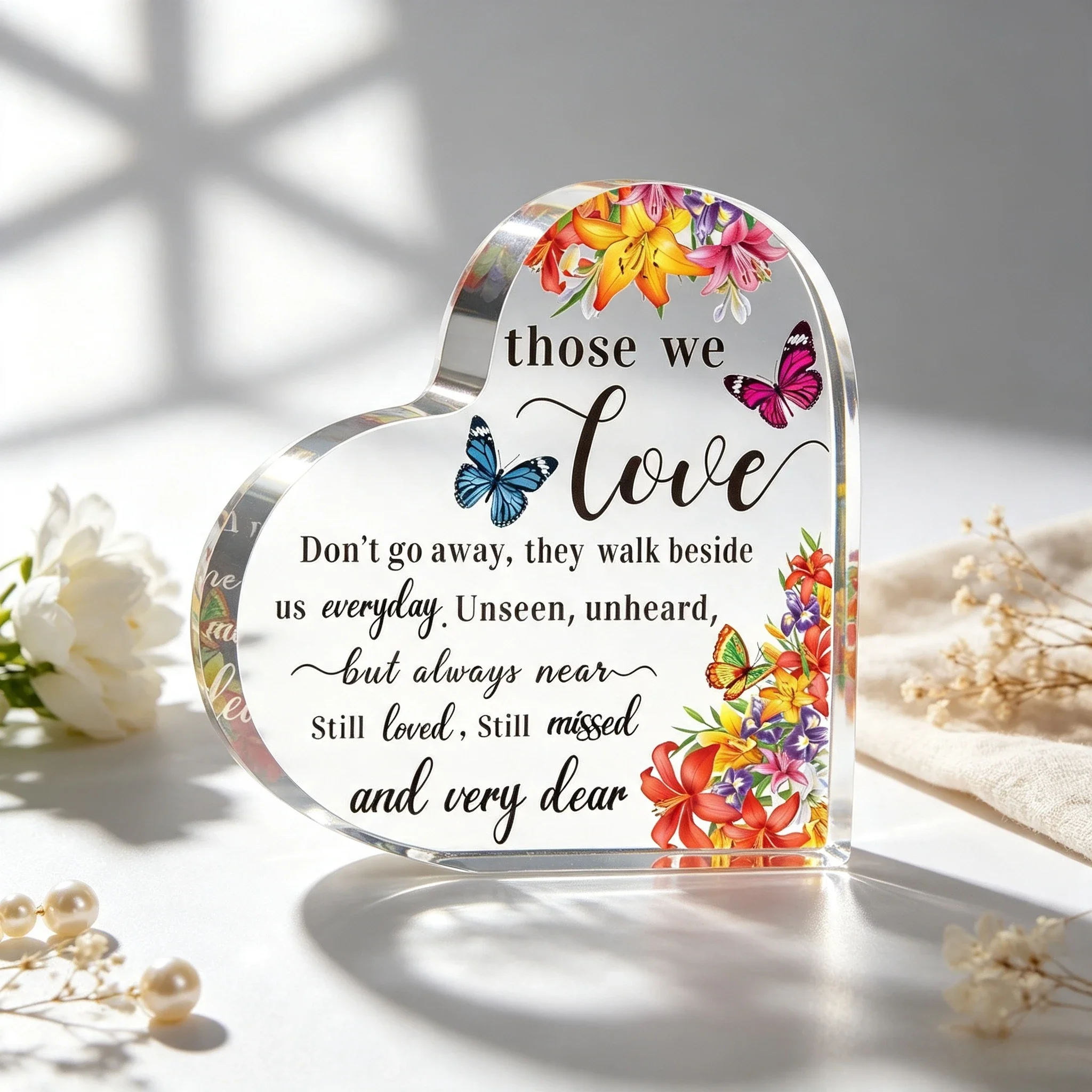 Heart Acrylic Plaque Those We Love Memorial Floral Butterfly Table Decor，Sympathy Gift Heart Shaped Acrylic Sign Remembrance Bereavement Keepsake