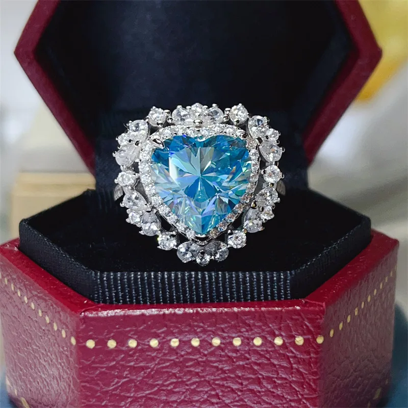 

Luxury Heart 5Ct Sky Blue Moissanite Diamond Ring 925 Sterling Silver Wedding Band Rings for Women Bridal Engagement Jewelry