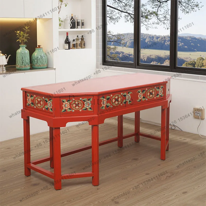 Chinese classical hand-painted dressing table Hong Kong style red solid wood wedding dressing table