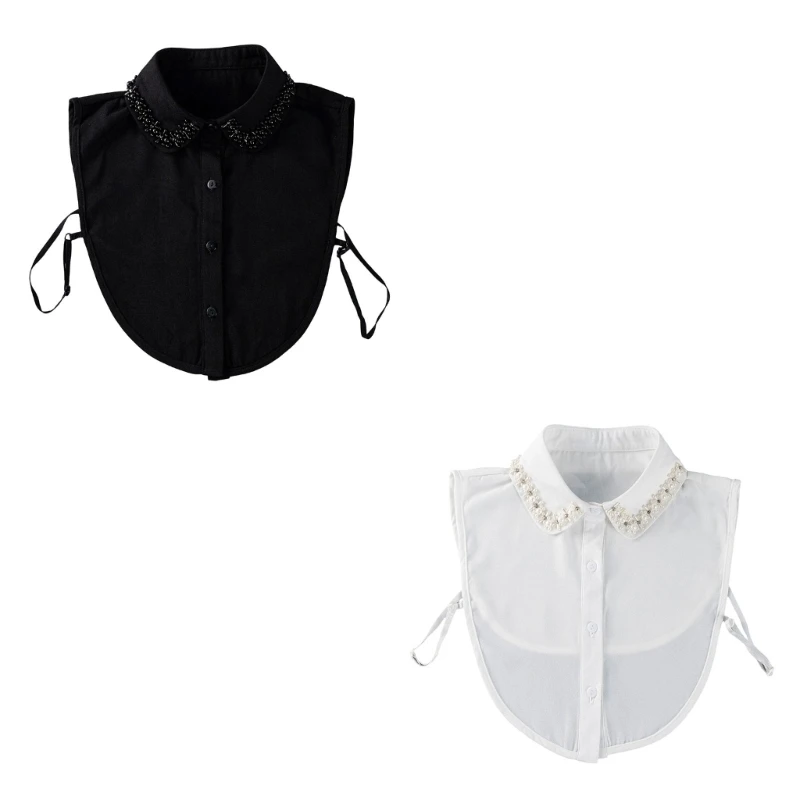 HX6F Faux Pearls Bead Decors Detachable Collar Removable Button Shirt Removable Shirt Collar for Women Fashion Outfits