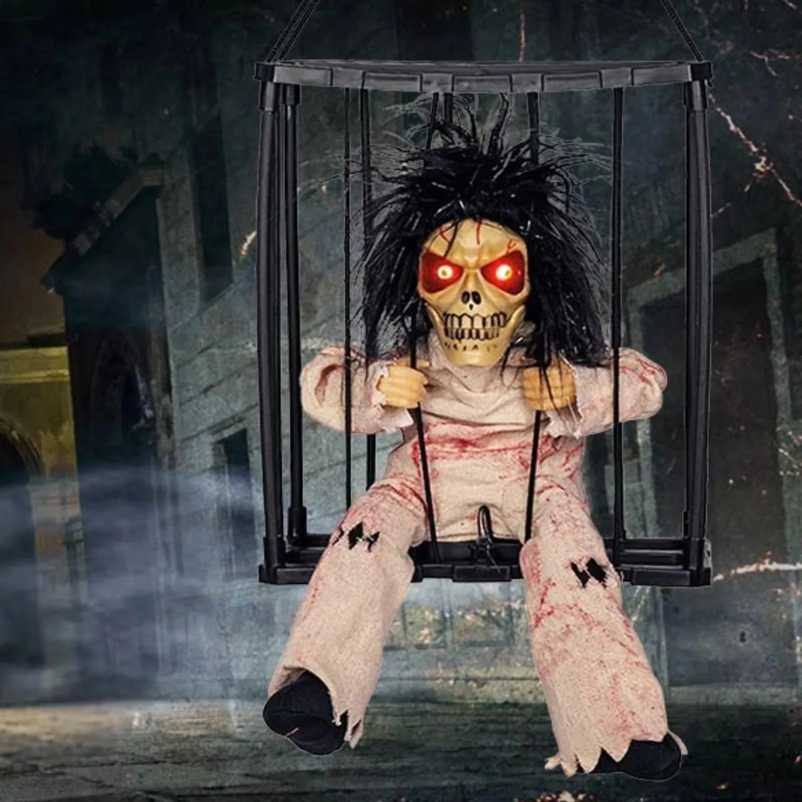 

Haunted Prison Ghost Decor Halloween Scary Props Glowing Skeleton Hanging Cage Spooky Sound Effects Horror Party Decoration