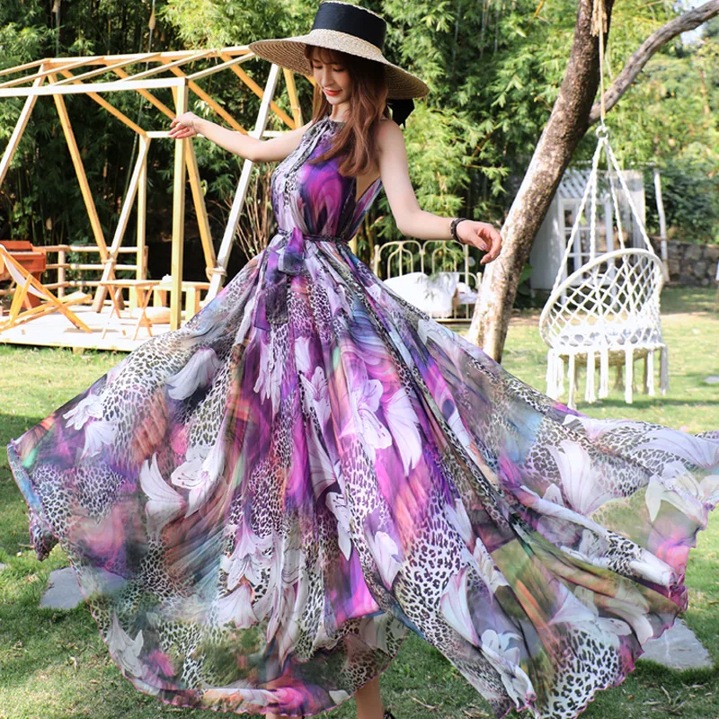 Chiffon Holiday Beach Long Sundress Summer Bohemian Flower Tropical Belt Fashion Boho Photo reggicalze Dresses for Women Long