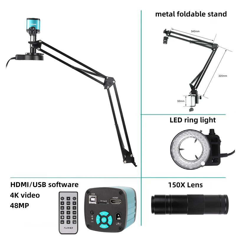 48MP HDMI Digital Microscope 4K 1080P 2K USB VGA Microscope Camera 130X 150X 180X C-Mount for Soldering Remote