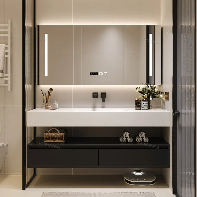 

New Corian all-in-one basin hotel-style hanging double-layer split rubber wood bathroom cabinet