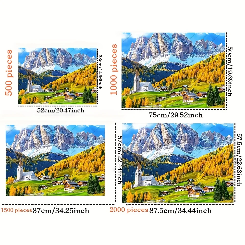 2000/1500/1000/500pcs Wooden Jigsaw Puzzle for Adults - Alpine Village Autumn Landscape with Snow-Capped Mountains, Premium Qu