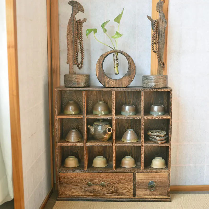 

Japanese-style roasted paulownia bogu rack, all solid wood teacup rack, creative tea set rack, old storage cabinet, simple