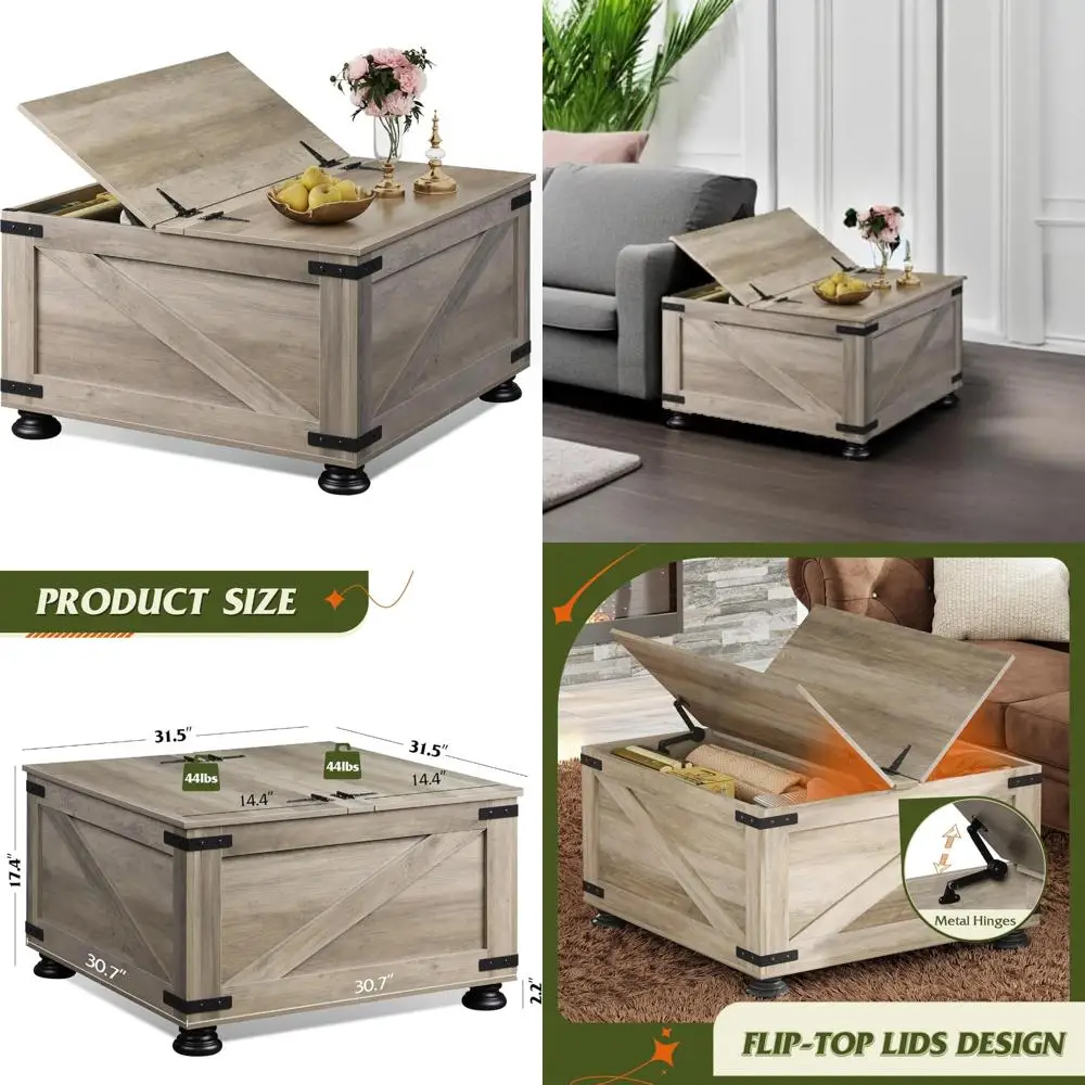 

Farmhouse Coffee Table, 31.5 Square Wood Center Table with Flip-Top Lids and Large Hidden Storage Compartment for Living R