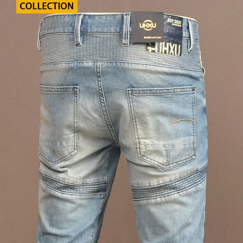 High Street Fashion Designer Men's Jeans Vintage Blue Elastic Tight Cycling Jeans Homme Panel Designer Zipper Pocket Hip Hop Jea