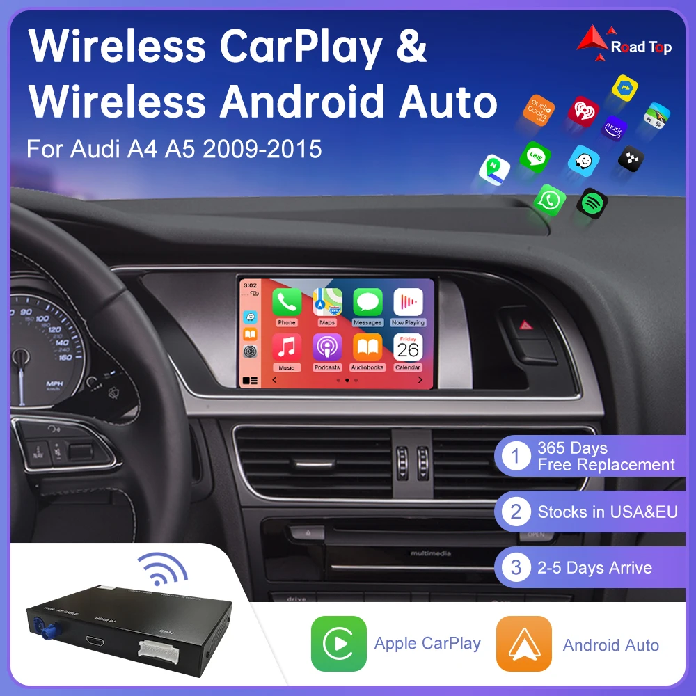 Wireless Carplay for Audi A4 B8 A5 Q5 2009-2015, Support Apple Car Play Android Auto AirPlay Mirroring Rear Camera USB Player