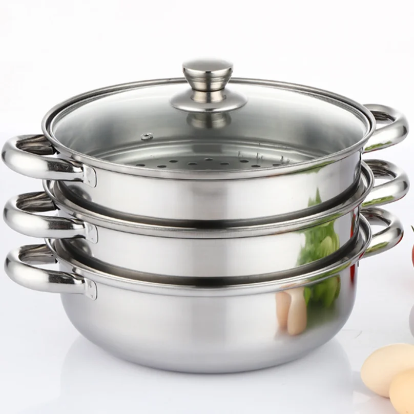 

3 Tier Steamer Cooker with Lid Stainless Steel Steaming Grid 18CM Round Bottom with Ears Steam Cooking Pot Kitchen Tools Steamer