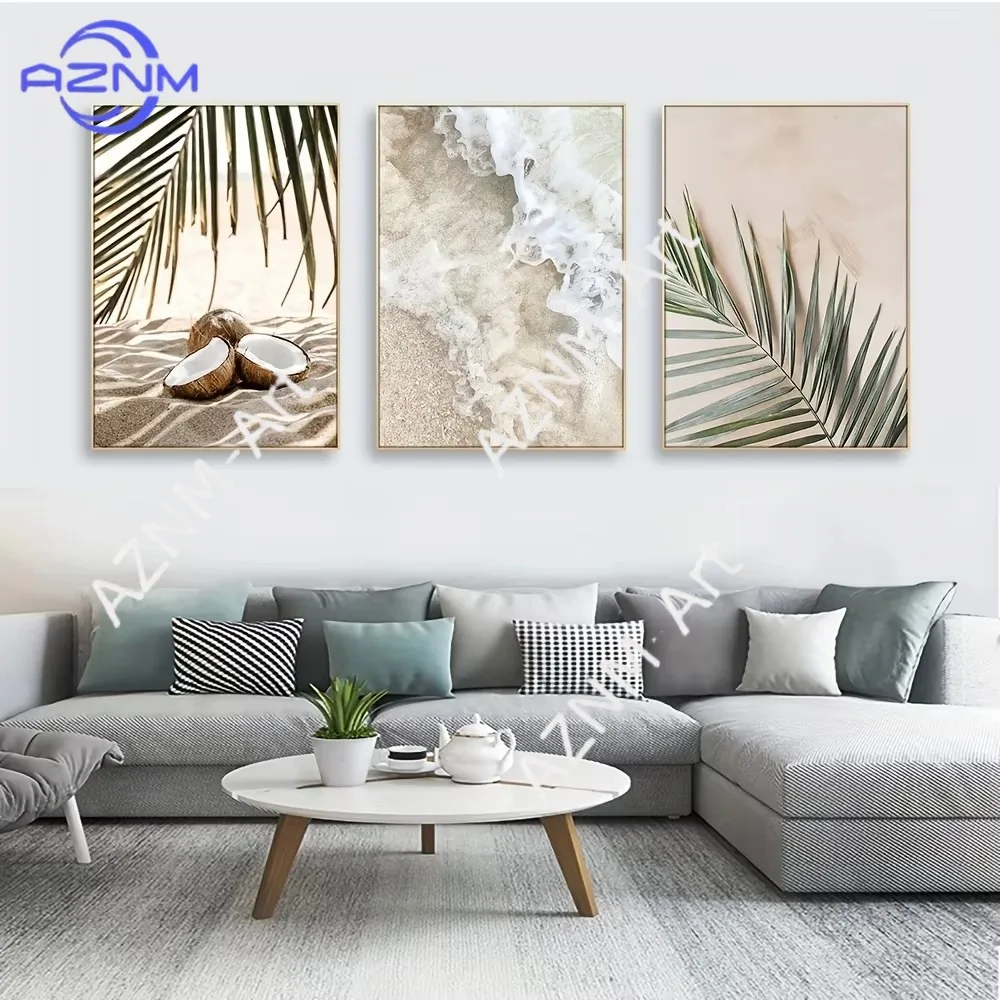 1 Stück/3 Stück Rahmenloses Seelandschaft-Poster Weiße Wellen Strand Palmblätter Kokosnuss Leinwand-Gemälde Landschaft Wandkunst Dekoration für Zuhause