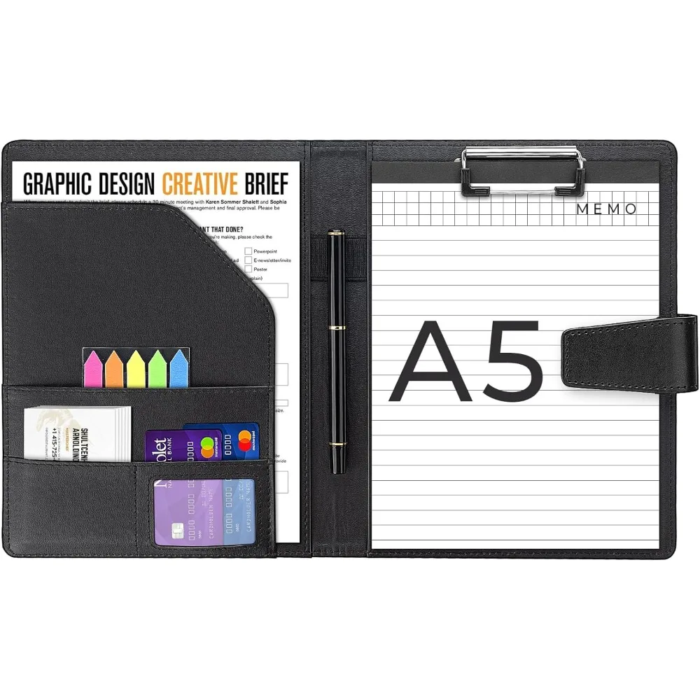 

A5 Leather Portfolio Binder, Interview Legal Document Organizer with Magnetic Closure Cover with A5 Sized Papers,Sticky Tabs,Pen