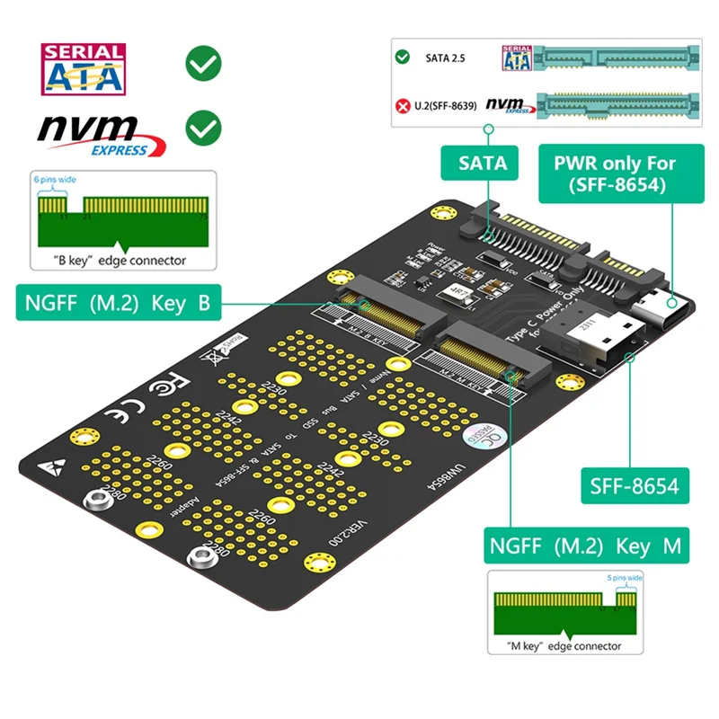 AED6-2 In 1 Combo M.2(NGFF) Nvme SSD/SATA-Bus SSD To SFF-8654 And SATA Adapter